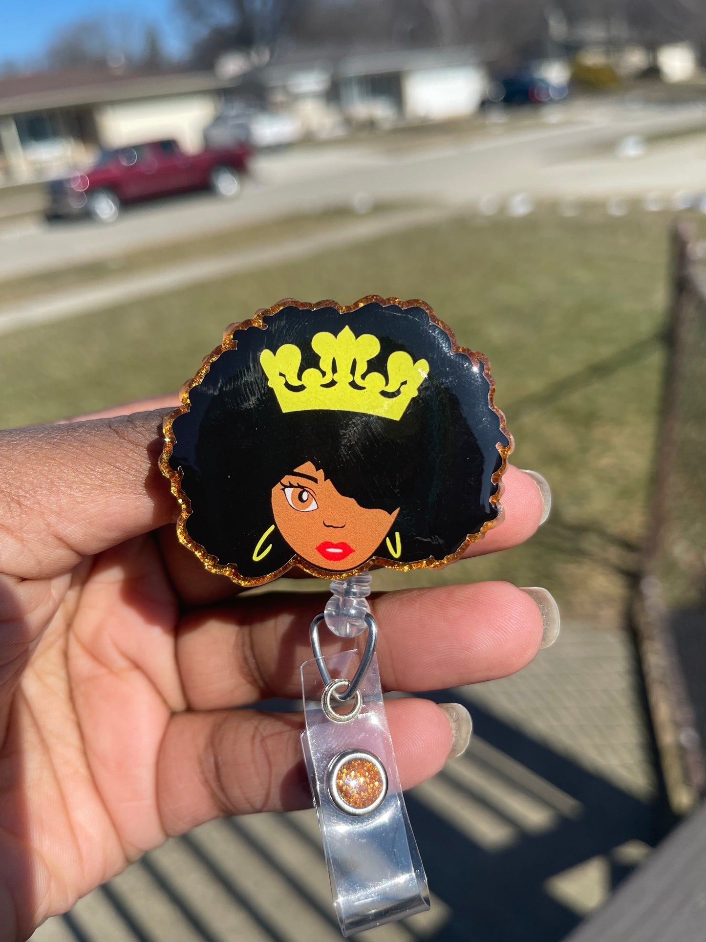 Afro Queen Retractable Badge Reel, Crown ID Holder, BGM Name Tag Holder, Nurse Gift